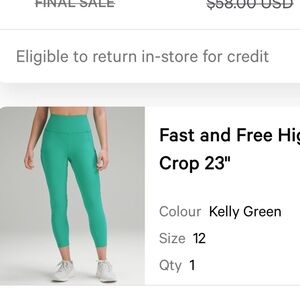 Lululemon Fast And Free Kelly Green SOLD OUT 12 Leggings Running Cropped Yoga